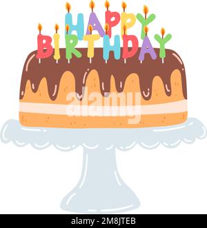 Gâteau d'anniversaire sur un support avec des bougies dans le style plat. Illustration vectorielle dessinée à la main de gâteau au chocolat avec crème, dessert sucré, pâtisserie Illustration de Vecteur