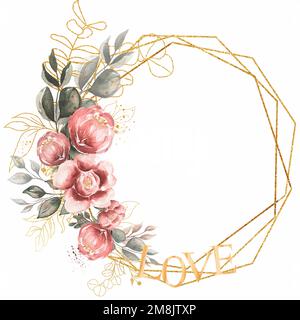 Vintage Florals cadre clipart, aquarelle corail pivoine et verdure couronne clip art, romantique rouge fleurs et dorés, fleurs de jardin, inv Wedding Banque D'Images