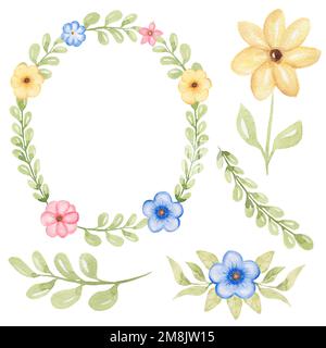 Ensemble délicat de fleurs mignonnes, bouquet de fleurs sauvages et clipart de couronne, illustration de fleurs dessinées à la main aquarelle, arrangement de fleurs brillantes, Invitt de mariage Banque D'Images