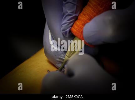 Les mains de l'homme en train de faire un tatouage sur le consommateur Banque D'Images