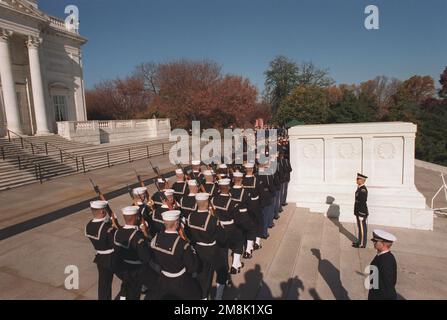 Membres des États-Unis La Garde d'honneur de cérémonie de la Marine prend son poste derrière les soldats des États-Unis La troisième infanterie de l'armée (la vieille garde), et L'AVIATEUR de la Garde d'honneur de l'USAF et des États-Unis Marines à la tombe des inconnus pour une cérémonie du jour du souvenir en début de matinée. Base: Cimetière national d'Arlington État: Virginie (va) pays: Etats-Unis d'Amérique (USA) Banque D'Images