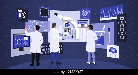 Chercheurs scientifiques travaillant dans un laboratoire de VR, ils interagissent avec des écrans et des interfaces virtuels Illustration de Vecteur