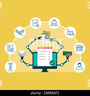 Concept d'automatisation de processus robotisé RPA : ordinateur avec bras robotisés exécutant des tâches automatisées et des zones d'application Illustration de Vecteur