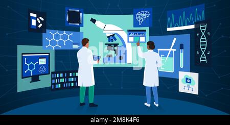 Chercheurs scientifiques travaillant dans un laboratoire de VR, ils interagissent avec des écrans et des interfaces virtuels Illustration de Vecteur