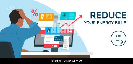 Un homme inquiet assis à son bureau et vérifiant des factures d'électricité coûteuses sur son ordinateur, les paiements et le concept de budget Illustration de Vecteur