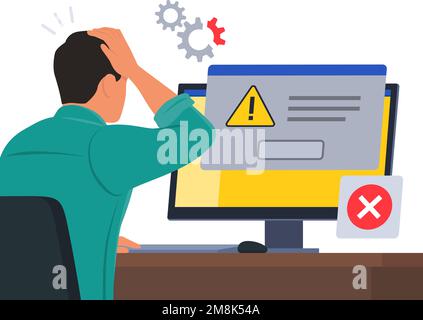 Homme assis à un bureau et utilisant un ordinateur, il reçoit une notification de message d'erreur dans une fenêtre de boîte de dialogue Illustration de Vecteur