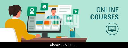 Femme assise au bureau et se connectant à son ordinateur, elle prend des cours en ligne, e-learning et concept de cours en ligne Illustration de Vecteur
