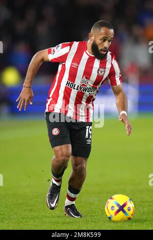 Bryan Mbeumo de Brentford en action pendant le match de la Premier League au Gtech Community Stadium, Londres. Date de la photo: Samedi 14 janvier 2023. Banque D'Images