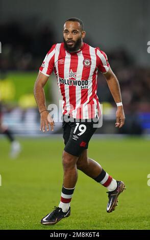 Bryan Mbeumo de Brentford en action pendant le match de la Premier League au Gtech Community Stadium, Londres. Date de la photo: Samedi 14 janvier 2023. Banque D'Images