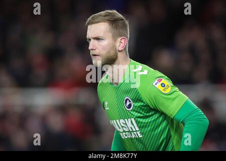 Middlesbrough, Royaume-Uni. 14th janvier 2023. George long #1 de Millwall pendant le match de championnat de Sky Bet Middlesbrough vs Millwall au stade Riverside, Middlesbrough, Royaume-Uni, 14th janvier 2023 (photo de James Heaton/News Images) à Middlesbrough, Royaume-Uni le 1/14/2023. (Photo de James Heaton/News Images/Sipa USA) crédit: SIPA USA/Alay Live News Banque D'Images