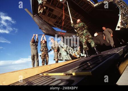 Membres de la Compagnie Alpha, 2/228th Bataillon d'aviation 'Winged Warriors,' Naval Air Station Willow Grove, Pennsylvanie, et C-5 chargés de charge de la 349th Air Mobility Wing, 60th Air Mobility Wing, téléchargez l'un des nombreux UH-1-H 'Iroquois' de la rampe de chargement avant de la 'ville de Vallejo'. Objet opération/série: ROVING SANDS '95 base: Biggs Army Air Field, El Paso État: Texas (TX) pays: États-Unis d'Amérique (USA) Banque D'Images