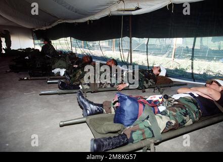 Les patients simulés sont allongé sur des civières dans une tente en cours de préparation pour le transport à l'installation de stadification aéromédicale située à l'aéroport du centre-ville de Kansas City pendant l'exercice de réserve de la Patriot Express '95 a 4th Air Force. Objet opération/série : PATRIOT EXPRESS '95 base : Salina État : Kansas (KS) pays : États-Unis d'Amérique (USA) Banque D'Images