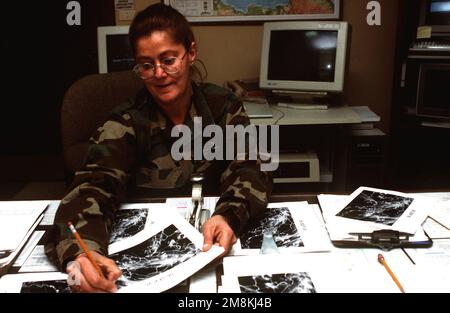 SGT, PERSONNEL DE L'US Air Force. Fjellin passe en revue les conditions météorologiques au-dessus de la Bosnie pour la préparation et le soutien des avions impliqués dans les frappes aériennes de l'OTAN contre les Serbes de Bosnie. Objet opération/série: BASE DE FORCE DÉLIBÉRÉE: Base aérienne d'Aviano État: Pordenone pays: Italie (ITA) Banque D'Images