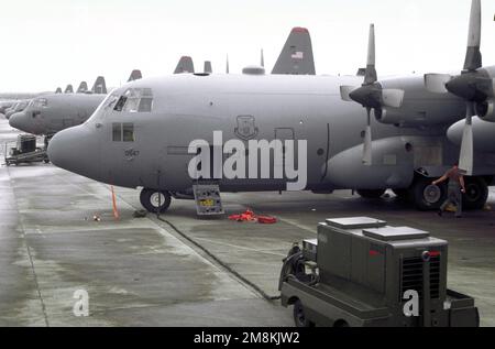 La base navale de Roosevelt-Roads est la plaque tournante principale de tous les avions de cargaison entrant ou sortant des îles Vierges avec des fournitures de secours pour les victimes de l'ouragan Marilyn. Huit C-130s de la base aérienne de Little Rock, en Arkansas, qui fait partie du Commandement de combat aérien, attendent que le fret soit transporté à St. Thomas. Base: NAS, Roosevelt Roads État: Porto Rico (PR) pays: Etats-Unis d'Amérique (USA) Banque D'Images