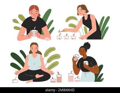 Femmes aux bougies parfumées, femmes qui sentent, éclairant des bougies parfumées, méditant et faisant du yoga, illustrations vectorielles Illustration de Vecteur