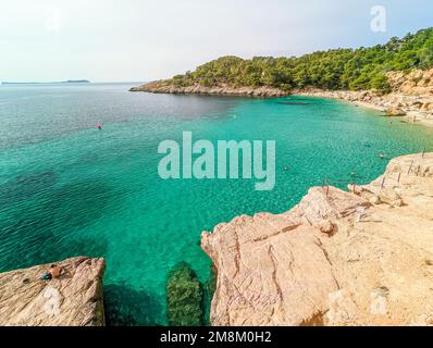 Vue aérienne de Cala Saladeta, îles d'Ibiza, Espagne Banque D'Images