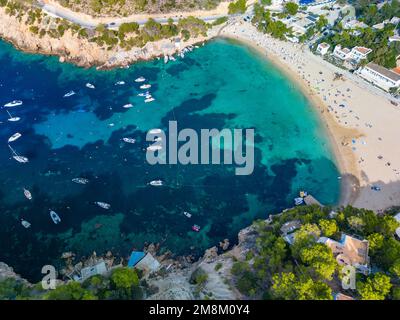 Vue aérienne de Cala Vadella, îles d'Ibiza, Espagne Banque D'Images