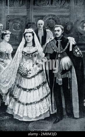 La légende de 1906 est la suivante : « MARIAGE D’EDWARD VII À LA PRINCESSE ALEXANDRA.—cette photo forme un contraste intéressant avec nos autres, qui montrent le roi et la reine comme ils semblent à l'heure courante. Cela les présente comme ils sont apparus il y a plus de quarante ans, quand à Windsor, sur 10 mars 1863, ils se sont pour la première fois engagés à faire foi. » Banque D'Images