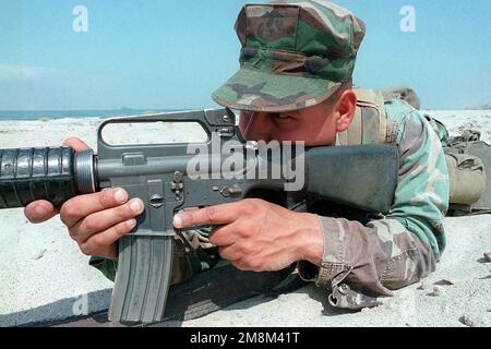 960626-M-9368G-005. [Complete] Scene Caption: Marine Private First Class Jeremy Hounshell, from 2D Squad 3D Platoon, Charlie Company, 1/4, 1st Marine Division, opposition Force (OPFOR) pratique des tactiques d'escouade en utilisant son fusil d'assaut Colt M16A2 5,56mm sur White Beach lors de la répétition de l'assaut amphibie pendant l'exercice KERNEL BLITZ'97. KERNEL BLITZ est un exercice semestriel de formation de la flotte du commandant en CHEF du Pacifique (CINCPAC) (FLEETEX) axé sur la formation opérationnelle/tactique du commandant de la troisième flotte (C3F)/ I Forces expéditionnaires maritimes (MEF) et du commandant du Groupe amphibie 3 (CPG-3)/ 1 Banque D'Images