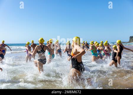 Bilgola Beach Sydney. Blackmores Billy Ocean courses de natation à Bilgola Beach sur les plages du nord de Sydney, comprenant 500m épreuves masculines et féminines et un parcours de 1,5km pour les compétitions de natation masculines et féminines. Photo de femmes nageurs féminins dans l'événement de 500m. Dimanche 15th janvier 2023 crédit Martin Berry @ alamy Live news. Banque D'Images