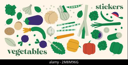Jeu d'autocollants avec légumes dessinés. Style de mise en plan. Divers légumes colorés pour couvertures, autocollants. Illustration vectorielle de mode dessinée à la main. Banque D'Images