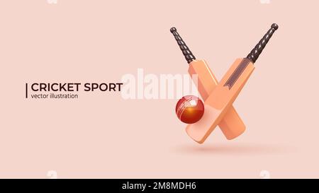 3D concept de cricket. Realistic 3D Design of Cricket Championship, Cricket Bat, ball dans des couleurs tendance. Illustration vectorielle dans un style de dessin animé minimal. Illustration de Vecteur