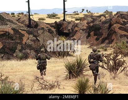 Deux soldats de l'armée américaine affectés au quartier général et au quartier général batterie, 32nd Bataillon, 31st Brigade d'artillerie de défense aérienne, se dirigent à couvert après une simulation d'attaque chimique aérienne contre leur camp sur la chaîne McGregor, fort Bliss, Texas. Les attaques chimiques (non illustrées) sont exécutées par des hélicoptères russes exploités par des membres du Commandement de l'épreuve d'Opeational et de l'évacuation, menace support Activity, Biggs Army Airfield, TX, en appui à l'exercice ROVING SANDS '97, 21 avril 1997. Objet opération/série: ROVING SANDS '97 base: Fort Bliss État: Texas (TX) pays: États-Unis d'Amérique (USA) Banque D'Images