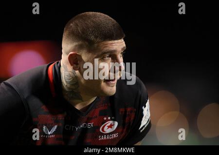 Marco Riccioni de Saracens lors du match de la coupe des champions d'Europe Saracens vs Lyon au stade StoneX, Londres, Royaume-Uni. 14th janvier 2023. (Photo de Nick Browning/News Images) à Londres, Royaume-Uni, le 1/14/2023. (Photo de Nick Browning/News Images/Sipa USA) crédit: SIPA USA/Alay Live News Banque D'Images