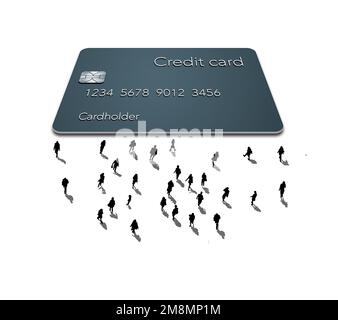 Une carte de crédit générique est vue sur un fond blanc avec de minuscules silhoueted personnes à proximité dans une illustration de 3-d sur les cartes de crédit populaires. Banque D'Images