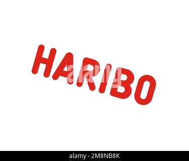 Haribo, logo pivoté, fond blanc B Banque D'Images