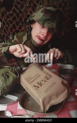 Photographe militaire de l'année vainqueur 1999 TITRE: 'Cuisine de combat' catégorie: Lieu illustratif: Troisième place Légende D'information: Le MRE (repas prêts à manger) a longtemps été une base de troupes sur le terrain et un remplacement des C-RATS (rations en conserve). Récemment, bien que les MRE d'amélioration de la qualité, comme les végétariens illustrés ici, ainsi que les repas casher et les repas plus récents de variété, les officiels ont mendié à la question : « nos troupes aiment-elles vraiment les repas ? » FICHIER IMAGE #DD-SP-01-00016. Pays : inconnu Banque D'Images