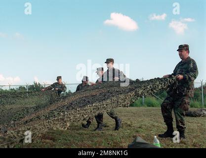 Des soldats DE l’armée AMÉRICAINE (États-Unis) affectés à la 21st signal Company et des aviateurs de l’US Air Force (USAF) affectés au 206th combat communication Squadron ont installé des filets camouflées pour le centre de communication d’Orote point, à Guam, au cours de l’exercice TANDEM PROUP 99. Objet opération/série: TANDEM POUSSÉE 99 base: Orote point État: Guam (GU) pays: Îles Mariannes du Nord (MNP) Banque D'Images