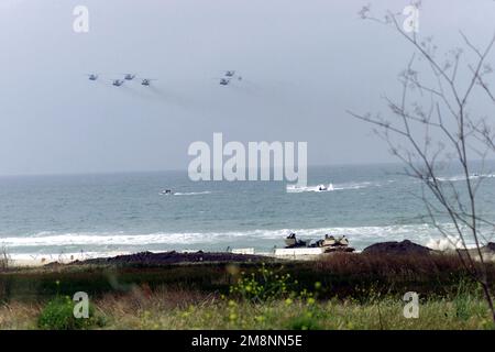 US Marine CH-53Es à partir de 3rd MAW Air combat Element (ACE), voler dans les Marines d'assaut pour sécuriser l'aérodrome (non illustré), tandis que les véhicules d'assaut amphibies (AAV) commencent l'assaut de plage. Les impacts continuent de battre la tête de plage, comme l'AAV7A1, avec un kit de système de déminage et le réservoir M1A1 Abrams mini-charrue se préparent à briser le champ de mines, pendant les répétitions pour Kernel Blitz '99. Sujet opération/série: NOYAU BLITZ '99 base: Corps de marine base Camp Pendleton État: Californie (CA) pays: États-Unis d'Amérique (USA) Banque D'Images