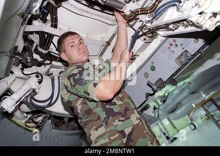 Le Sergent Rex Eargle, un CHEF d'équipage affecté à l'Escadron de génération d'aéronefs 169th, à la station McEntyre ANG, en Caroline du Sud, inspecte le passage de roue d'un F-16C, le 8 août 1999. Base: McEntyre Ang Station État: Caroline du Sud (SC) pays: Etats-Unis d'Amérique (USA) Banque D'Images