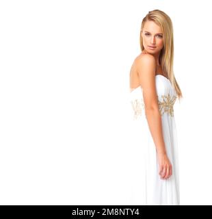 Mode, beauté et portrait de femme en robe de bal pour la fête, la célébration et l'événement formel et la maquette. Couture, designer et luxe avec fille dedans Banque D'Images