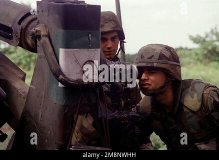 Vue de face droite vue de moyenne à droite du soldat américain de la marine Thompson alors qu'il se penche en vue d'un Howitzer de M198 155mm. PVT Thompson, un tireur du Gun 2, batterie Lima, 3rd Division Marine, 12th Marines, a mené un exercice d'incendie direct dans la zone de manœuvre de Yusubetsu au Japon. Base: Yusubetsu État: Hokkaido pays: Japon (JPN) Banque D'Images