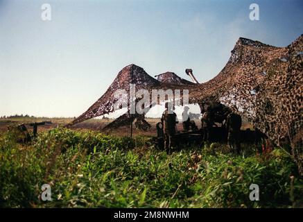 Une vue arrière, vue moyenne du canon 3, batterie de l'Inde qui déclenche une ronde tandis que son équipage est en position pour recharger le Howitzer M198 155mm. LES Marines DES ÉTATS-UNIS, de la 3rd Marine Division, 12th Marines, ont mené un exercice d'incendie à la zone de manœuvre de Yusubetsu, au Japon. Base: Yusubetsu État: Hokkaido pays: Japon (JPN) Banque D'Images