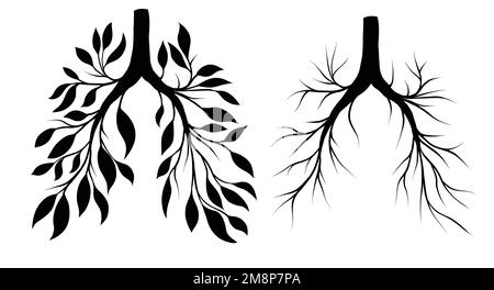 Ensemble vectoriel de silhouette noire des poumons humains provenant des feuilles et des branches. Santé de flétrissement. Ancien organe humain. Saisons de la terre. Concept art monochrome Illustration de Vecteur