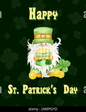 Carte postale aquarelle pour St. Patrick. Illustration avec Leprechaun, Dwarf avec pièces en chapeau et Clover. Banque D'Images