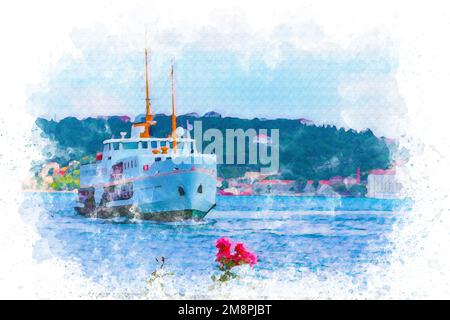 Art aquarelle, ferries historiques transportant des passagers dans le Bosphore Banque D'Images