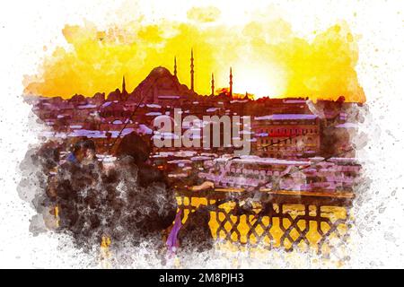 L'art de l'aquarelle, les gens pêchant sur le pont de galata au coucher du soleil. À Istanbul Banque D'Images