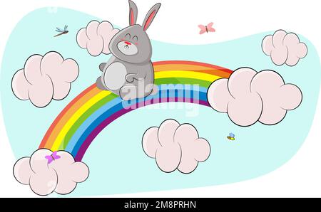 un joli lapin se promène sur un arc-en-ciel comme une glissade Illustration de Vecteur