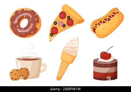 ensemble de nourriture crème glacée beignet gâteau au cône hot dog pizza tranche et tasse de café avec biscuits Illustration de Vecteur