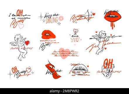 Dessin à la main vecteur résumé illustration graphique Valentines jour design élément set,abstrait amour lettrage,texte et citations.Love design concept contour Illustration de Vecteur