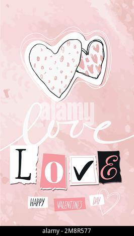 Carte d'amour avec deux cœurs pour les médias sociaux, Saint-Valentin. Dessiné à la main, carte postale moderne, collage pour la conception d'invitation de mariage, date romantique. Vecteur Illustration de Vecteur