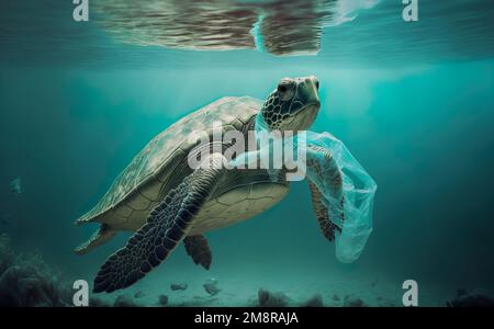 Tortue avec sac en plastique sous l'eau Banque D'Images