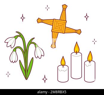 Imbolc symboles ensemble de caniches, vacances de printemps païennes. Croix de Saint Brigid, fleurs en neige, bougies blanches. Illustration vectorielle, dessin simple. Illustration de Vecteur