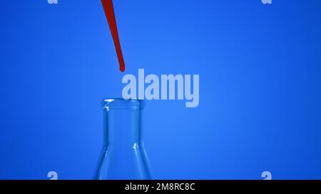 Une goutte de sang. Pipette. Sur fond bleu. Flacon médical avec liquide rouge. Flacon de sang. Liquide rouge qui s'égoutte. Une goutte de rouge. Tests, sang grou Banque D'Images