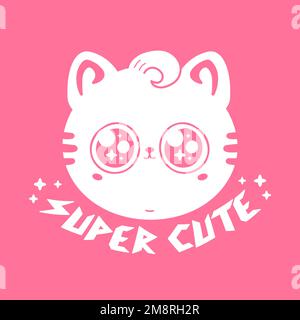 Joli petit visage drôle de chat de bébé. Texte « Super Cute ». Dessin animé à la main vectoriel kawaii caractère illustration logo icône. PET, kitty, chat imprimé pour logo, t-shirt, poster concept Illustration de Vecteur