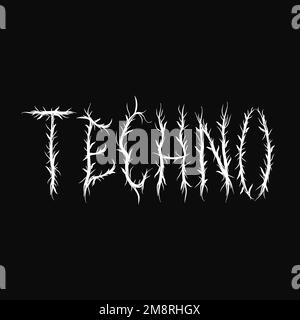 Techno Word,trendy Black Metal style letters.Vector illustration dessinée à la main.Techno,rave,trippy letters, Acid Fashion,Black Metal style print pour t-shirt,concept d'affiche Illustration de Vecteur